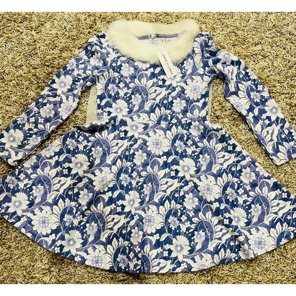 NWT❤️Janie and Jack FAUX FUR COLLAR FLORAL PONTE DRESS sz10